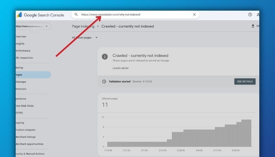 Google Search Console URL inspection bar showing how to enter a page URL to check its indexing status from the Crawled - currently not indexed report