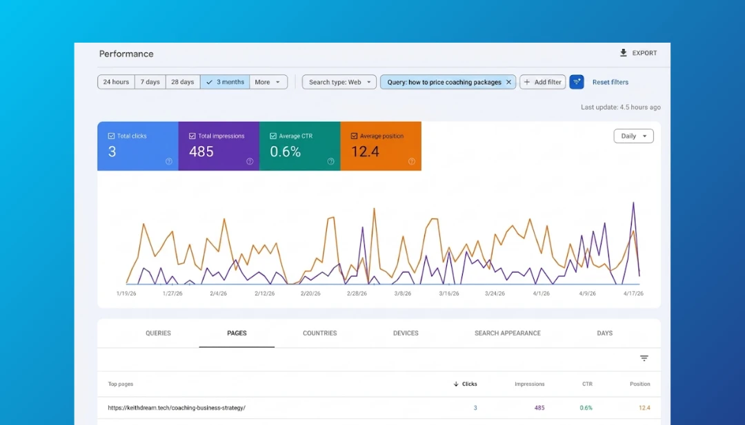 Google Search Console performance report filtered by query to show which pages need optimization