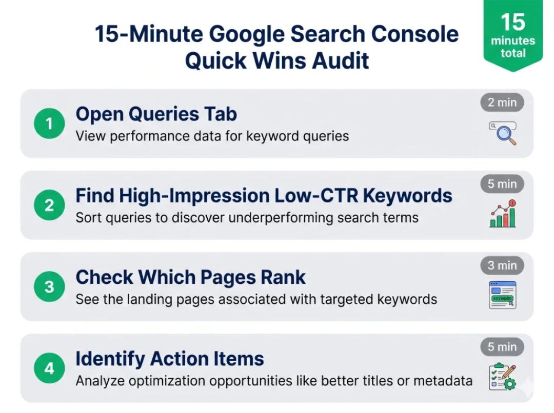 15-minute Google Search Console quick wins audit checklist with four steps to find high-impression low-CTR pages and identify SEO opportunities.
