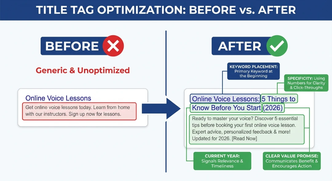 Before and after title tag optimization for Google Search Console quick wins showing how adding keywords specificity and a current year improves click-through rate