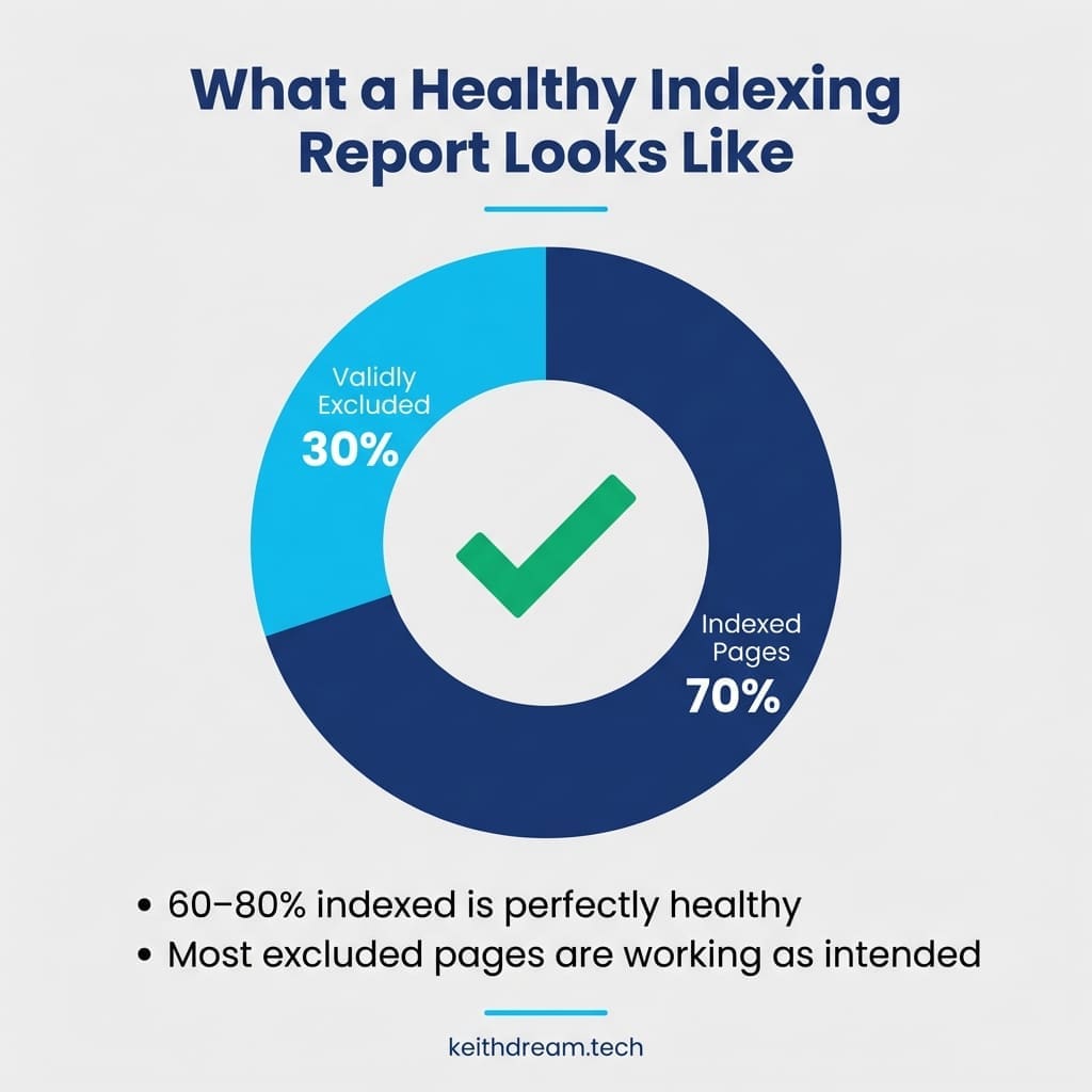 Donut chart showing healthy Google Search Console indexing distribution with 70% indexed pages and 30% validly excluded