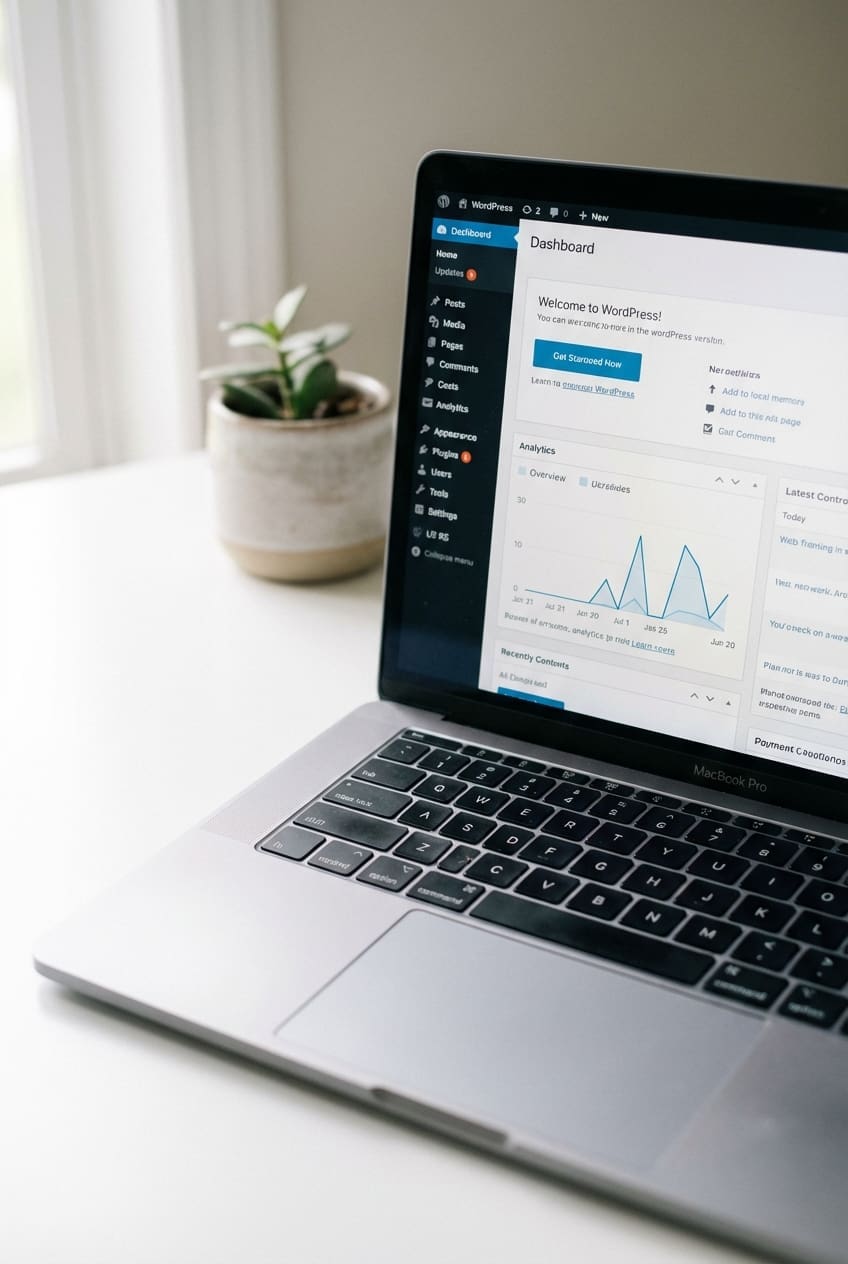 MacBook Pro displaying a WordPress dashboard on a clean white desk in a bright modern workspace