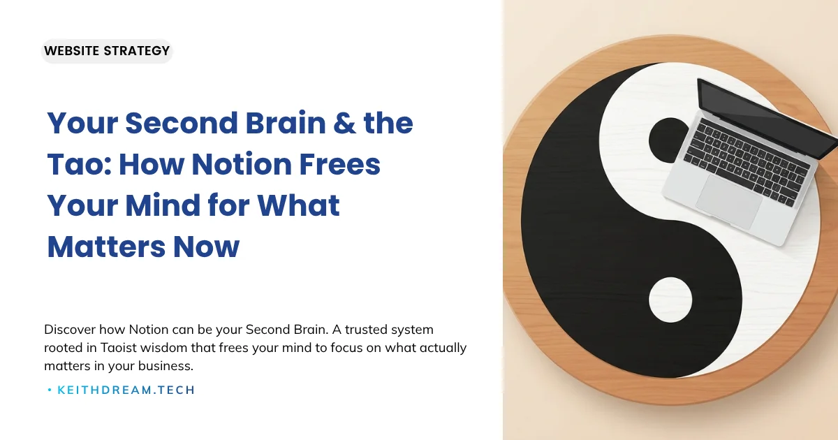 MacBook on a yin-yang table representing how to use Notion as a second brain with Taoist balance.