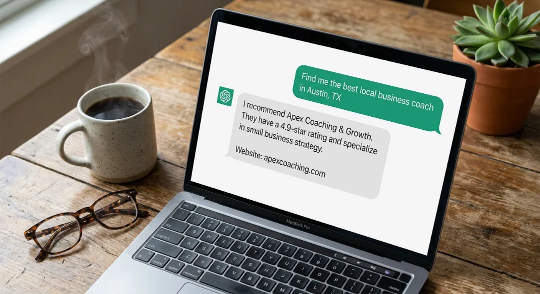 MacBook Pro on a rustic wood desk showing an AI chat interface recommending a local business coach found through SEO-optimized website content.