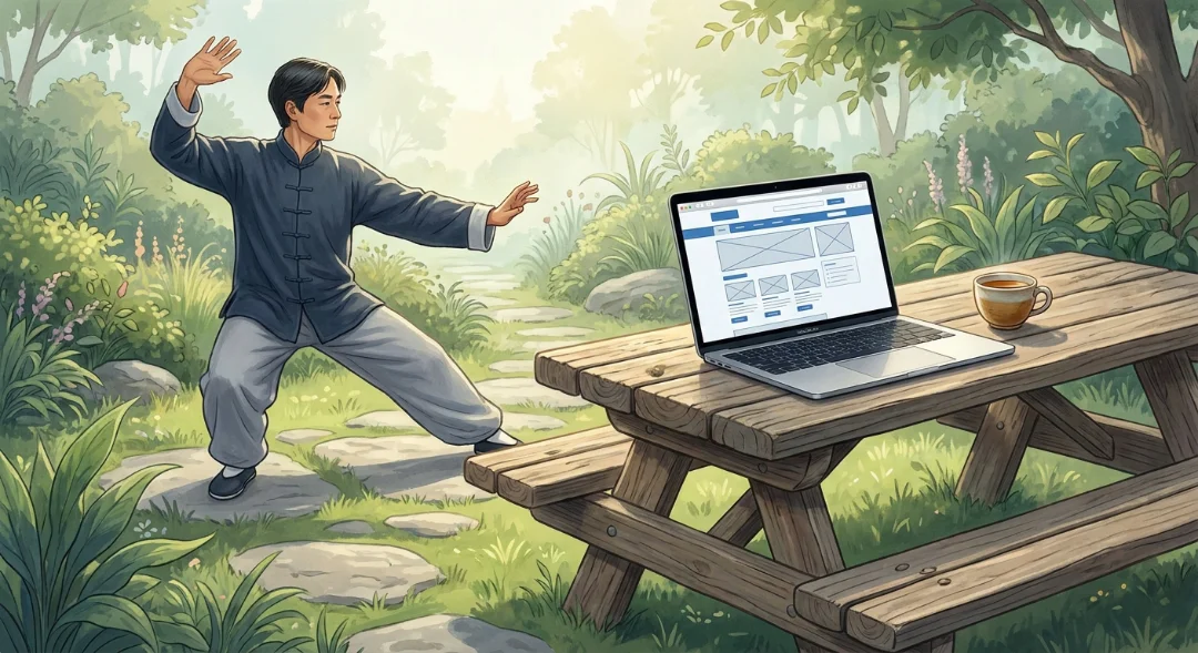 Small business website strategy shown as a living practice, like Tai Chi, requiring regular attention and balance.
