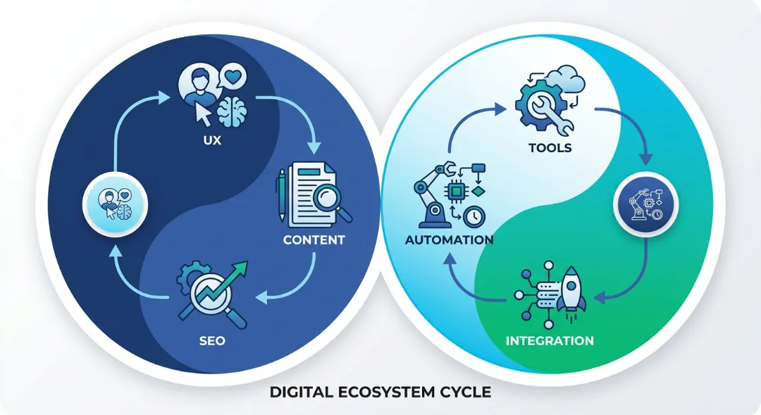 Running a business website as a connected system of design, content, SEO, tools, and human connection.