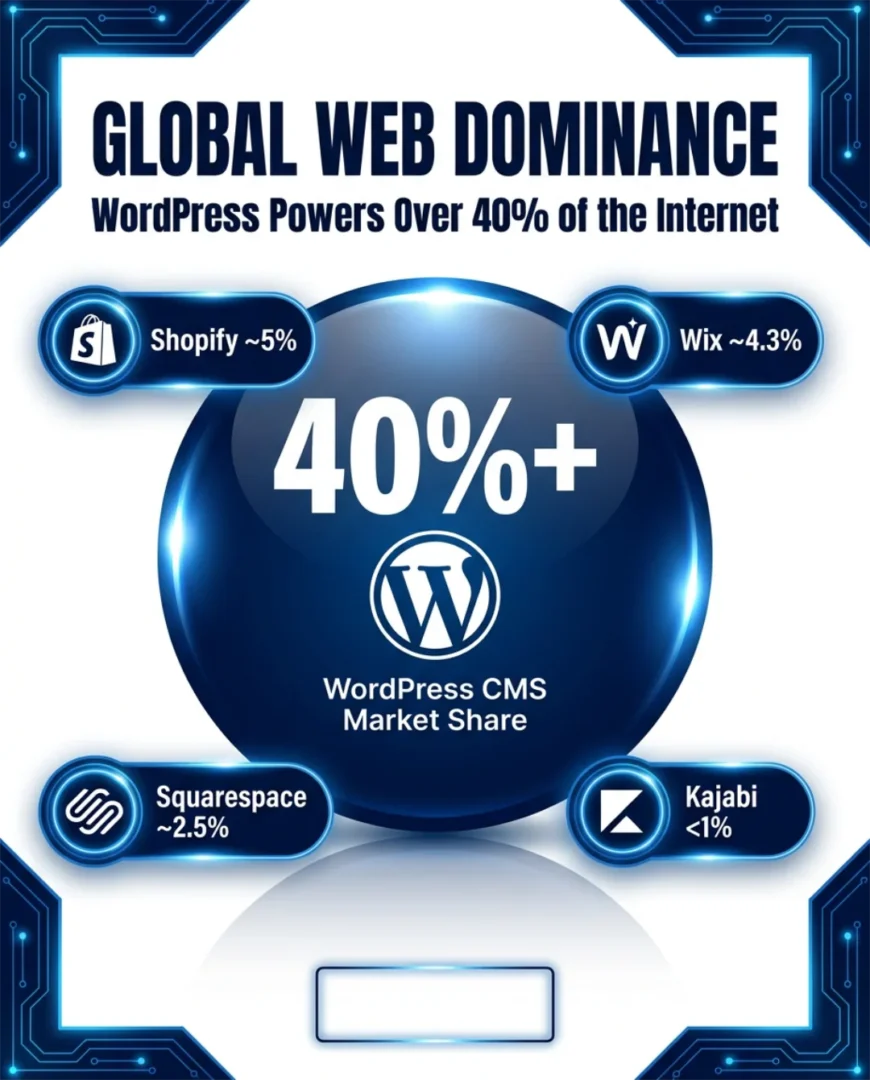 Why choose WordPress — infographic showing WordPress powers over 40% of all websites worldwide compared to Wix, Squarespace, Shopify, and Kajabi