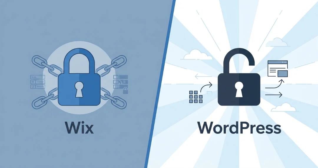 Wix platform lock-in versus WordPress data ownership illustration showing the key difference in data portability for service business website owners.