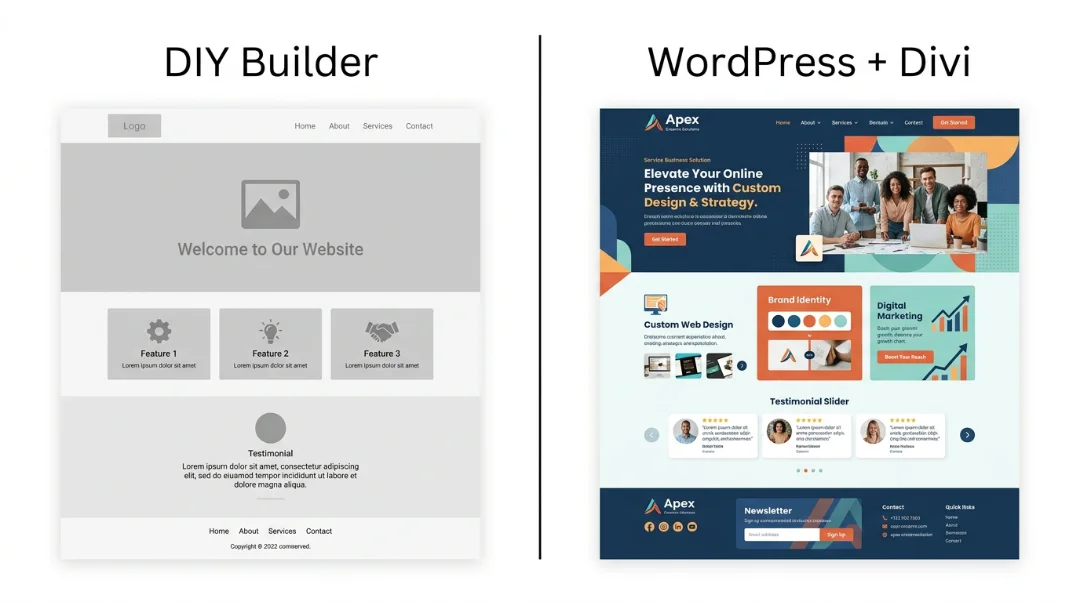 WordPress vs DIY website builder comparison showing the visual difference between a generic template and a custom WordPress Divi design for service professionals