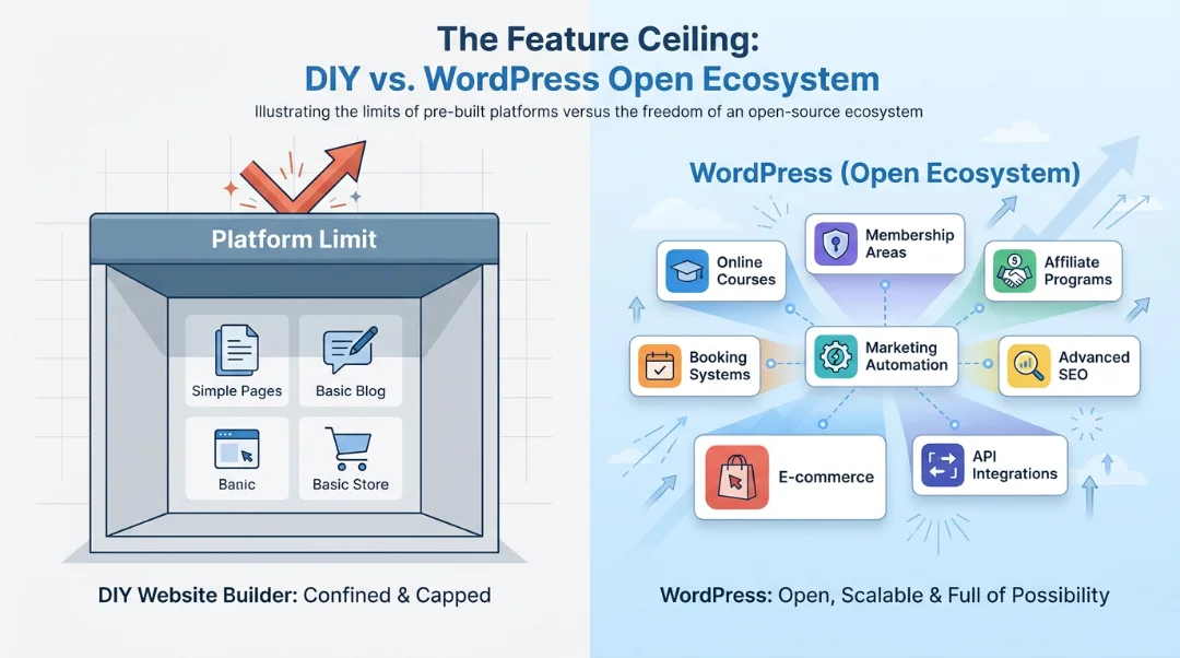 WordPress vs DIY website builder feature ceiling infographic showing how WordPress open ecosystem supports courses, memberships, and affiliate programs while DIY builders are capped by platform limits