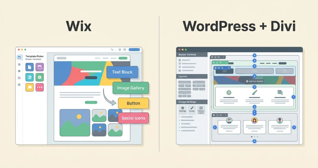 WordPress vs Wix website builder comparison showing Wix drag-and-drop editor versus WordPress Divi visual builder for service professionals.