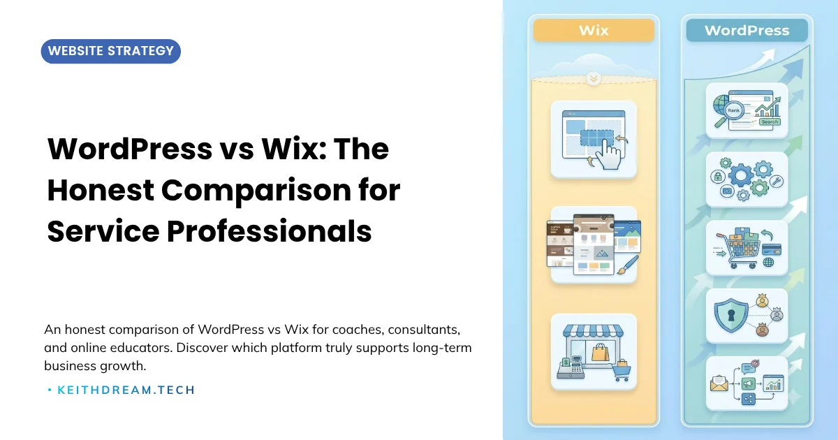 WordPress vs Wix comparison infographic showing Wix's limited growth ceiling versus WordPress's scalability for service professionals.