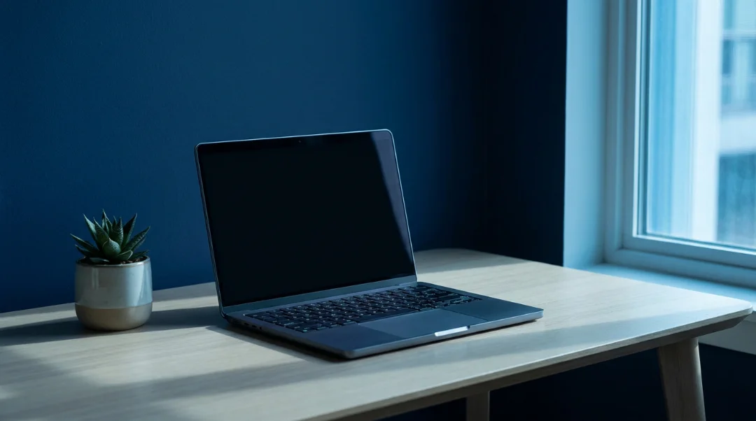 Minimal workspace with a single laptop representing business tools that get out of your way.
