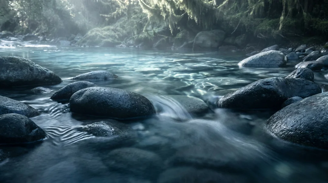 Clear water flowing over smooth stones representing wu wei and the minimal footprint principle for a business tech stack.